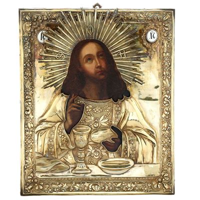 Icona del Redentore, riza in argento fuso sbalzato cesellato dorato e smalti (Russia, XIX secolo)...