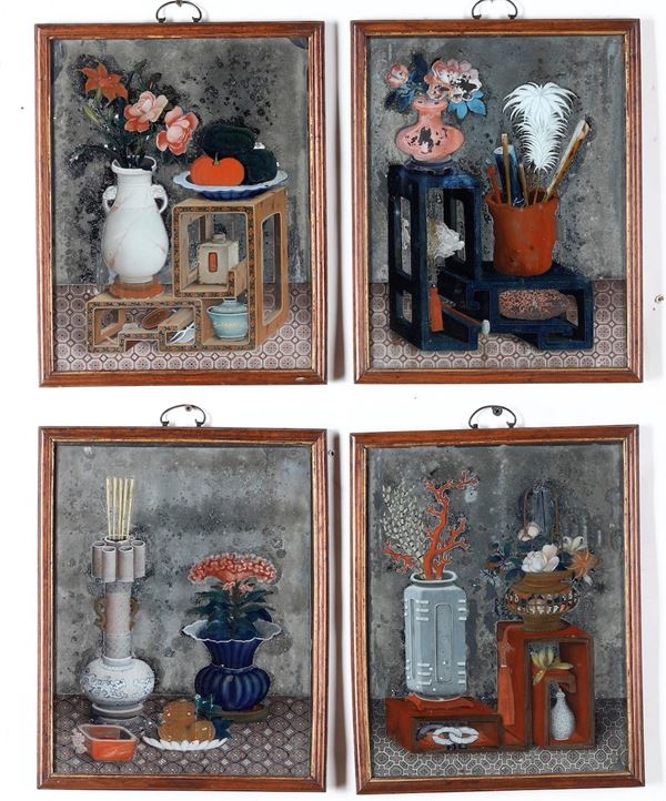 Quattro dipinti su specchio raffigurante soggetti naturalistici, Cina, Dinastia Qing, XIX secolo