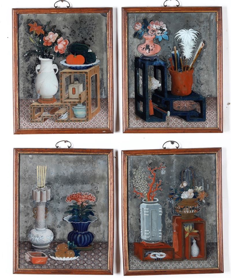 Quattro dipinti su specchio raffigurante soggetti naturalistici, Cina, Dinastia Qing, XIX secolo  - Asta Arte Orientale - Cambi Casa d'Aste