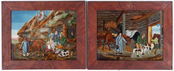 Coppia di dipinti sottovetro con cacciatori. Inghilterra, fine XIX secolo