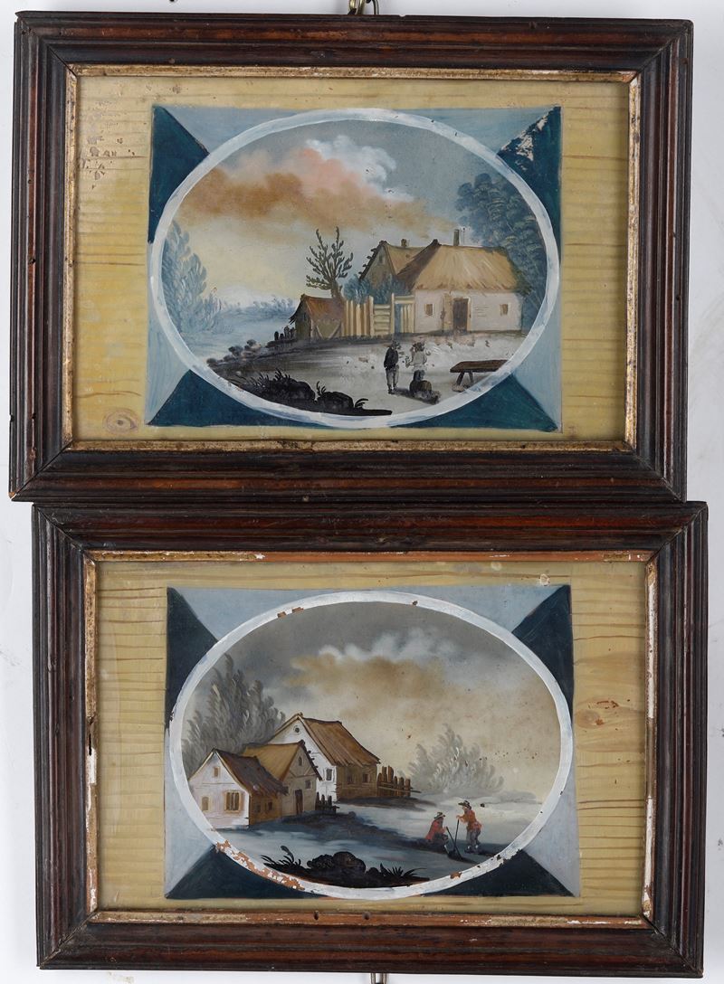 Scuola del XVIII-XIX secolo Trompe l’oeil con casolari e figure di contadini  - acquerello su carta - Asta Dipinti Antichi - Cambi Casa d'Aste