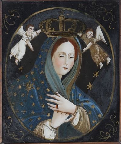 Dipinto Sottovetro con Vergine Incoronata. Ex Voto. Italia Meridionale, XIX Secolo