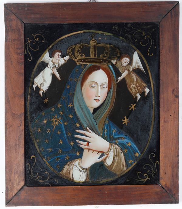 Dipinto sottovetro con Vergine incoronata. Ex Voto. Italia meridionale, XIX secolo