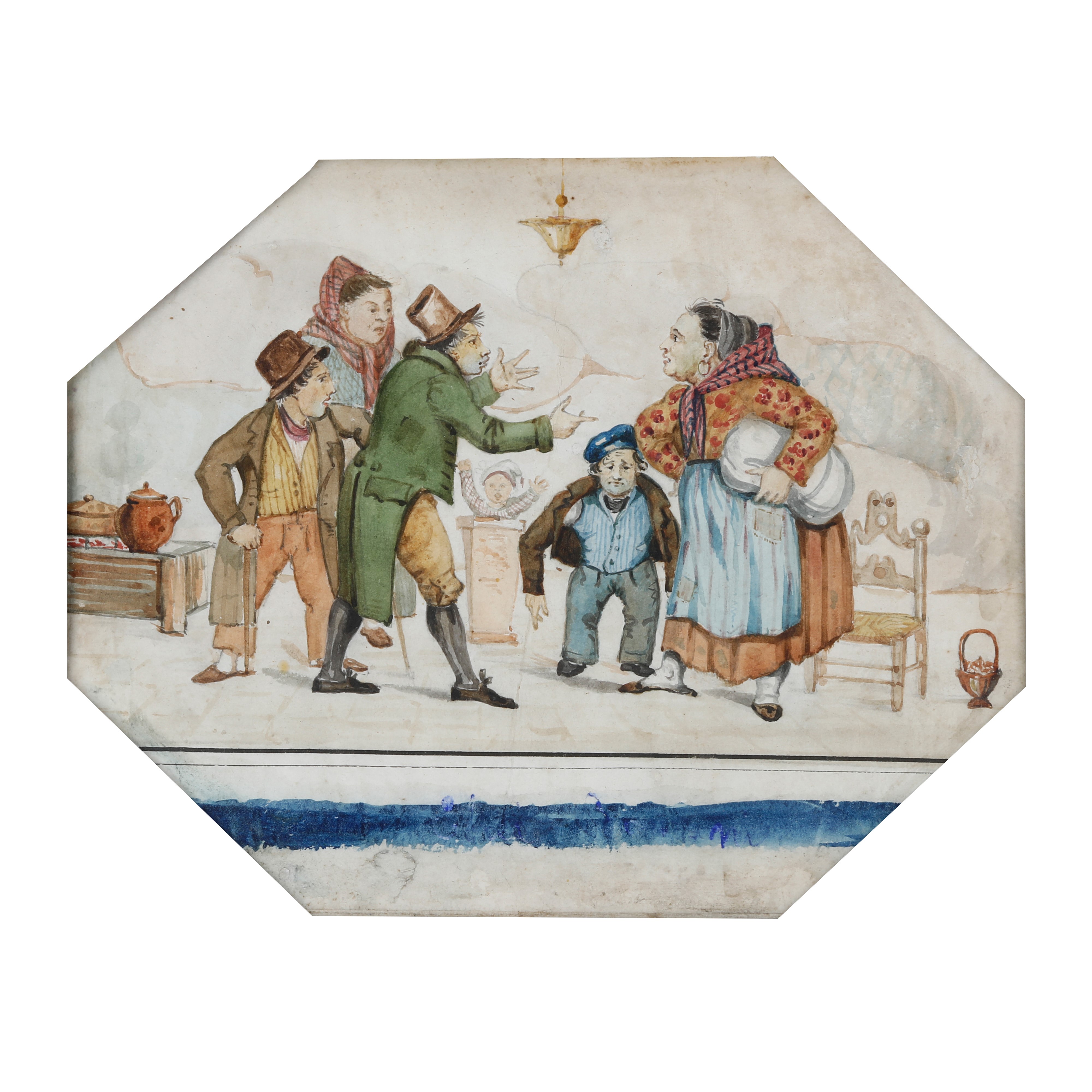 Autore anonimo, Scena caricaturale con figure in un interno, XIX secolo