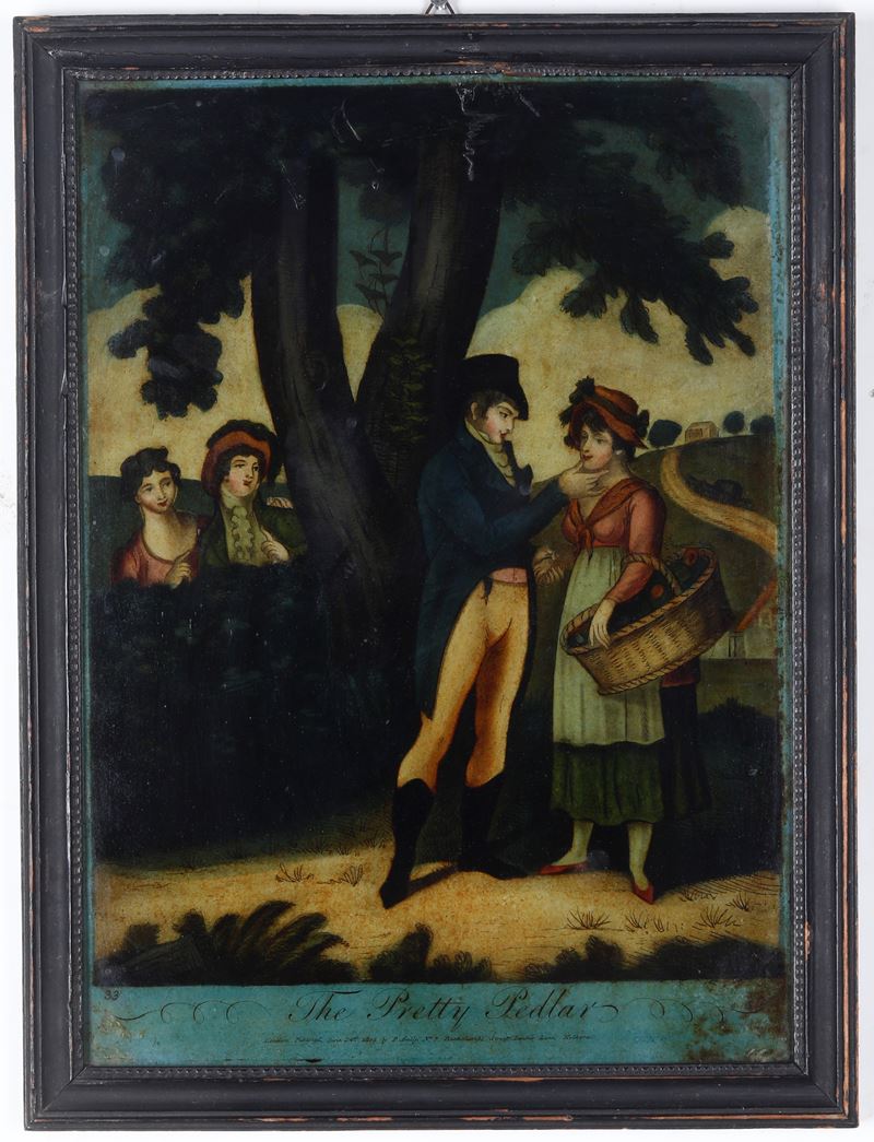 Incisione églomisée con scena galante. Inghilterra, XIX secolo  - Auction Painting of the XIX-XX century - Cambi Casa d'Aste