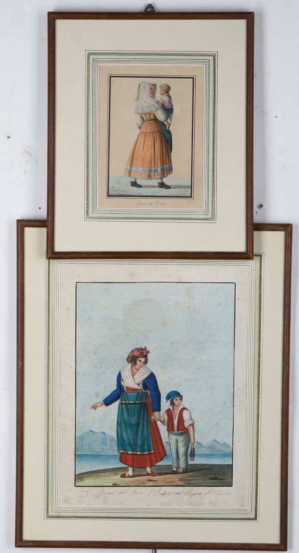 Lotto di due piccoli acquerelli raffiguranti costumi delle provincie del Regno delle due Sicilie. XIX secolo
