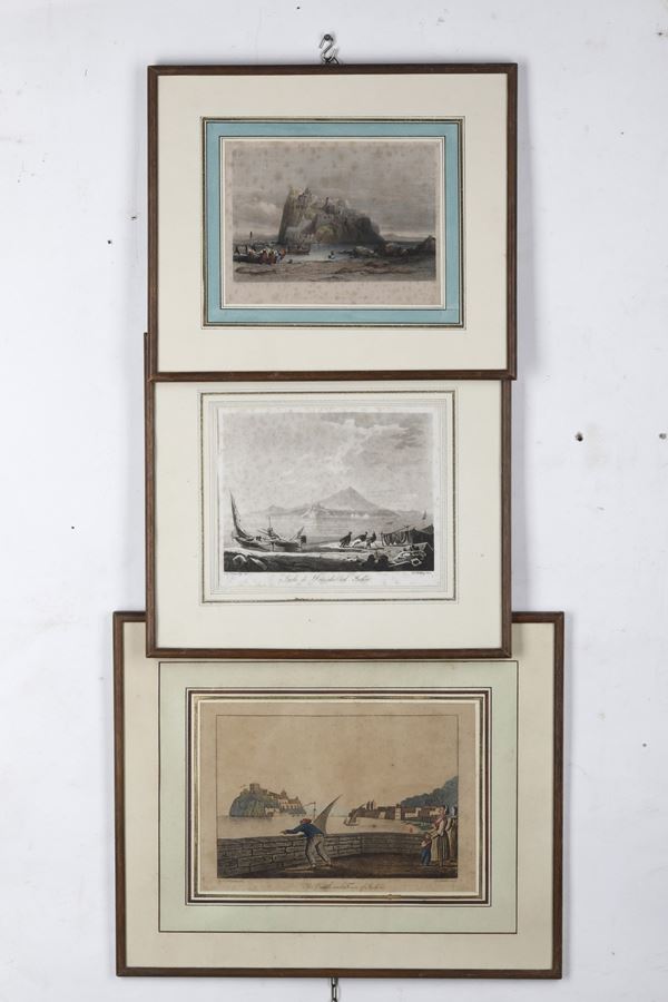 Lotto di tre incisioni di cui una acquerellata raffiguranti paesaggi della costiera napoletana, XIX secolo