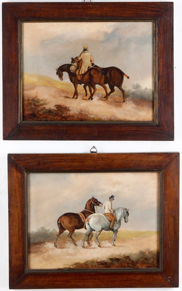 Scuola inglese, XIX secolo Paesaggi con cavalli e cavalieri