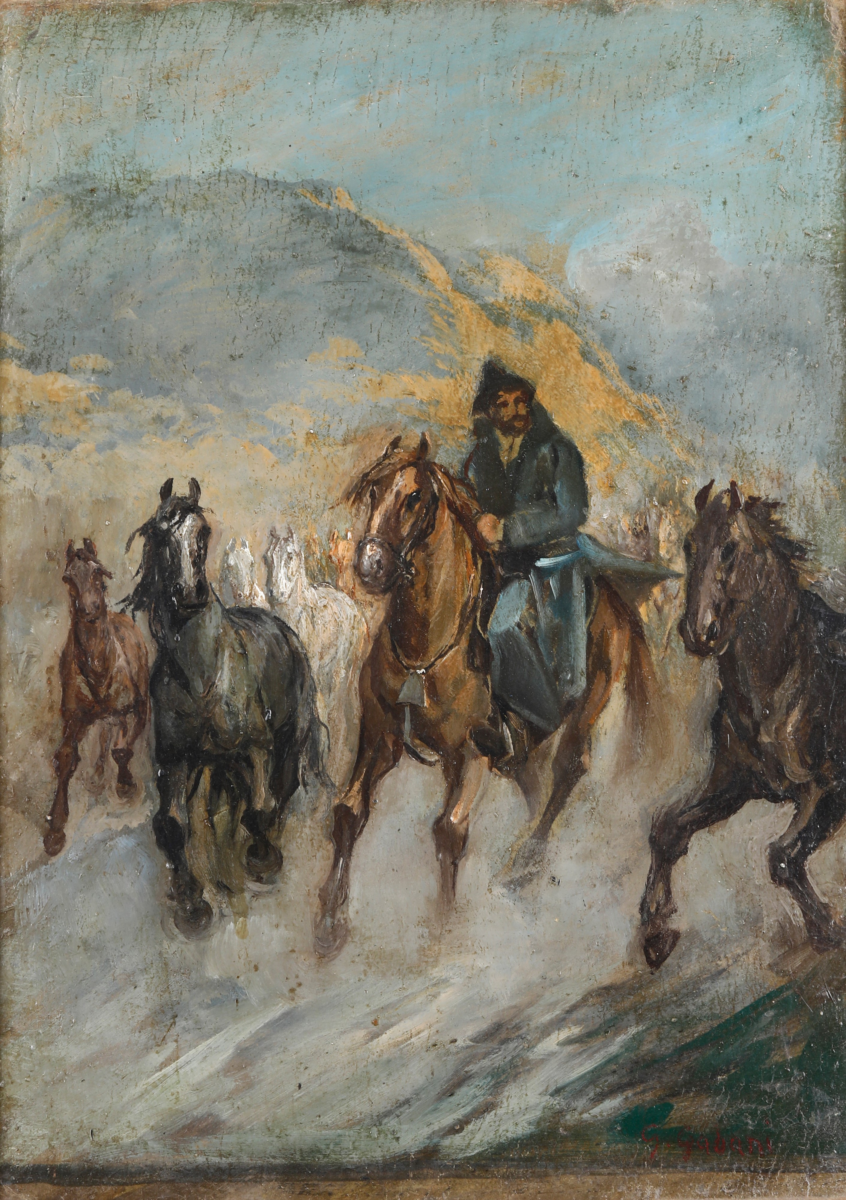 Giuseppe Gabani - La mandria, olio su cartone