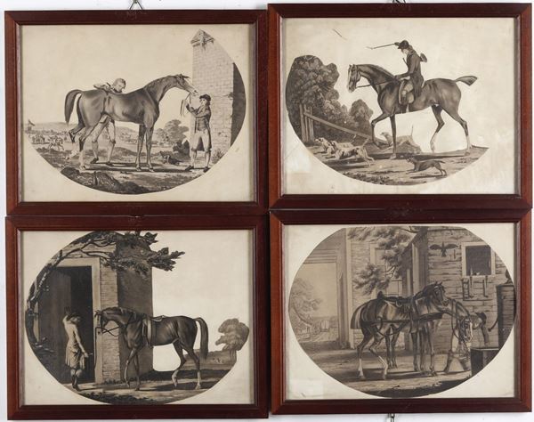 Quattro litografie monocrome a soggetto equestre. Inghilterra XIX secolo