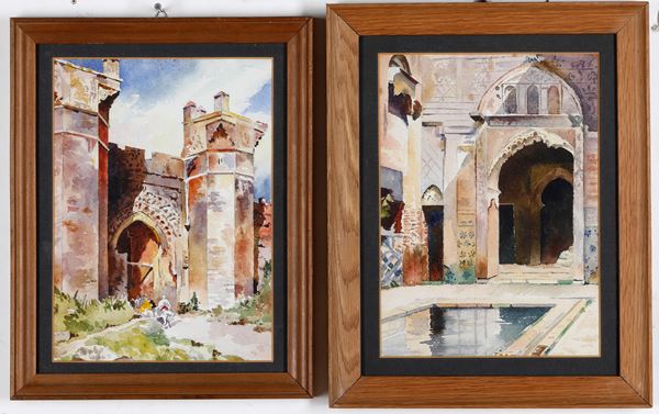 Coppia di acquarelli con vedute orientaliste. XIX-XX secolo
