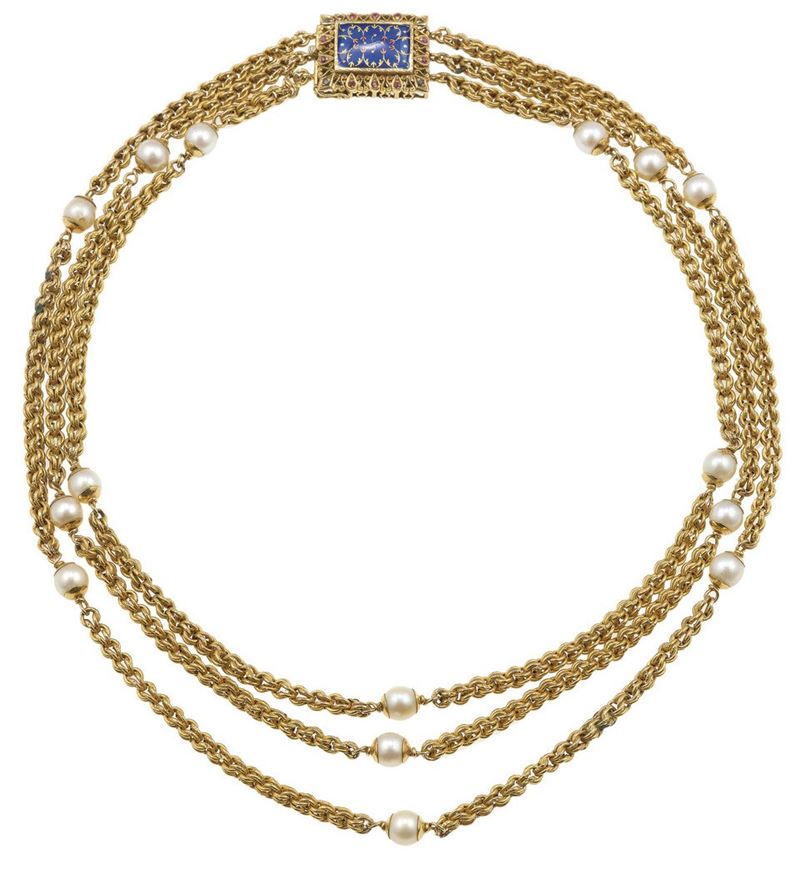 Enamel, cultured pearl and gold necklace  - Auction Jewels - Cambi Casa d'Aste