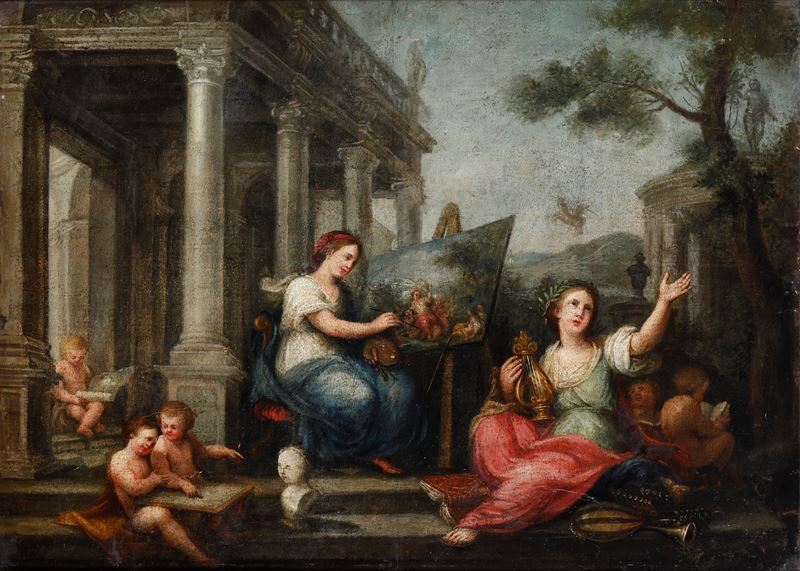 Scuola del XVIII secolo Allegoria delle Arti  - olio su tavoletta - Auction Old Masters - Cambi Casa d'Aste