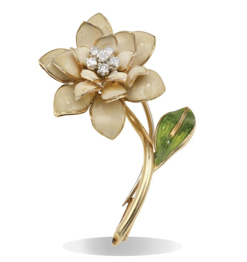 Enamel and diamond "flower" brooch  - Auction Jewels - Cambi Casa d'Aste