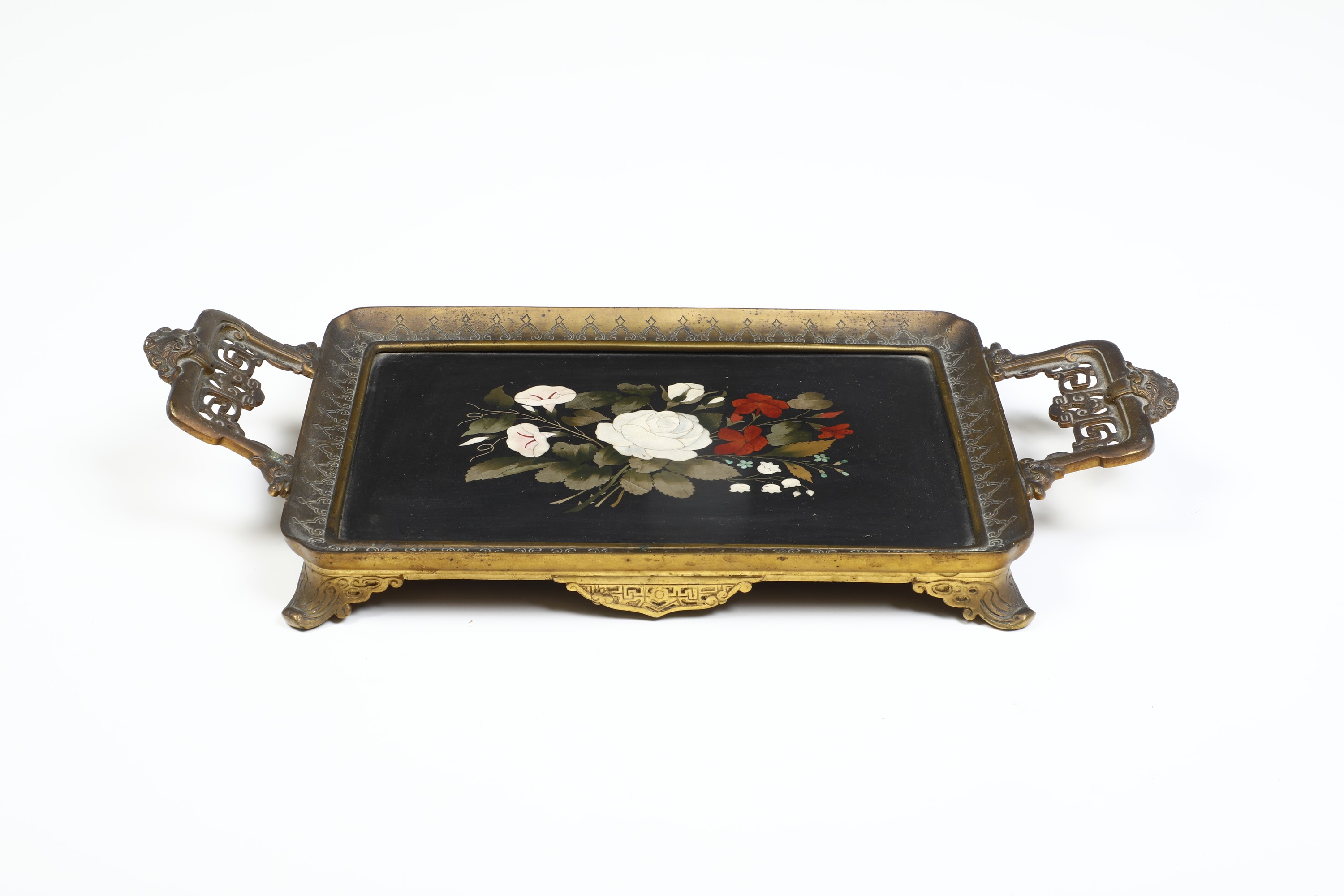 Cofanetto Portaliquori e Vassoio con Pannelli Intarsiati in Pietre Dure. Sotto la Base H.bosi, Fi...