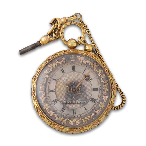 Orologio da tasca in oro 14k con cassa decorata, quadrante argentè lavorato, movimento con scappamento a verga, carica a chiavetta<BR>42 mm, peso 53 g