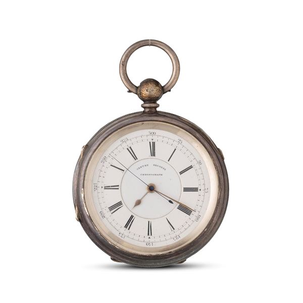 Stop Watch Cronografo inglese in argento manifattura J. Richardson, quadrante bianco con numeri Romani<BR>61 mm<BR>