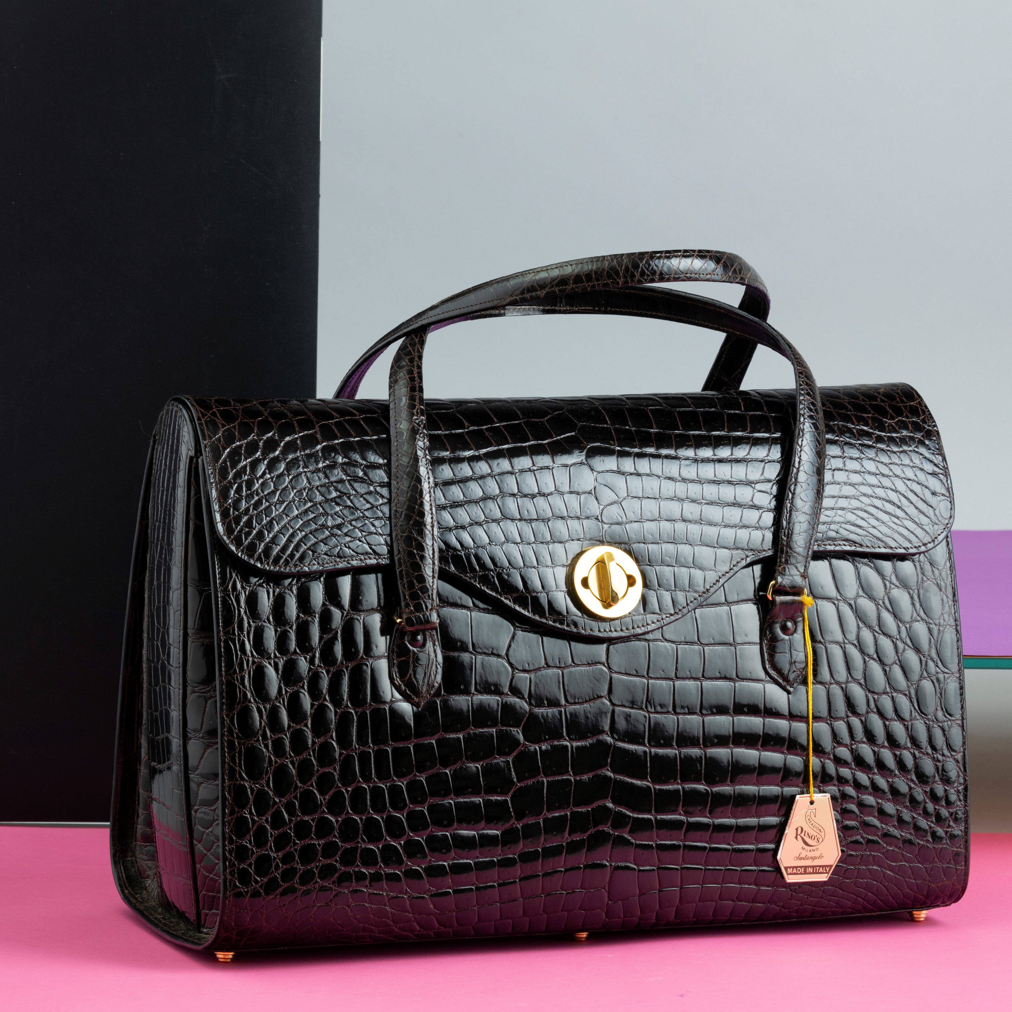 Rino's Borsa in Coccodrillo Marrone Scuro con Autorizzazione Cites, Manifattura Artigianale, Port...