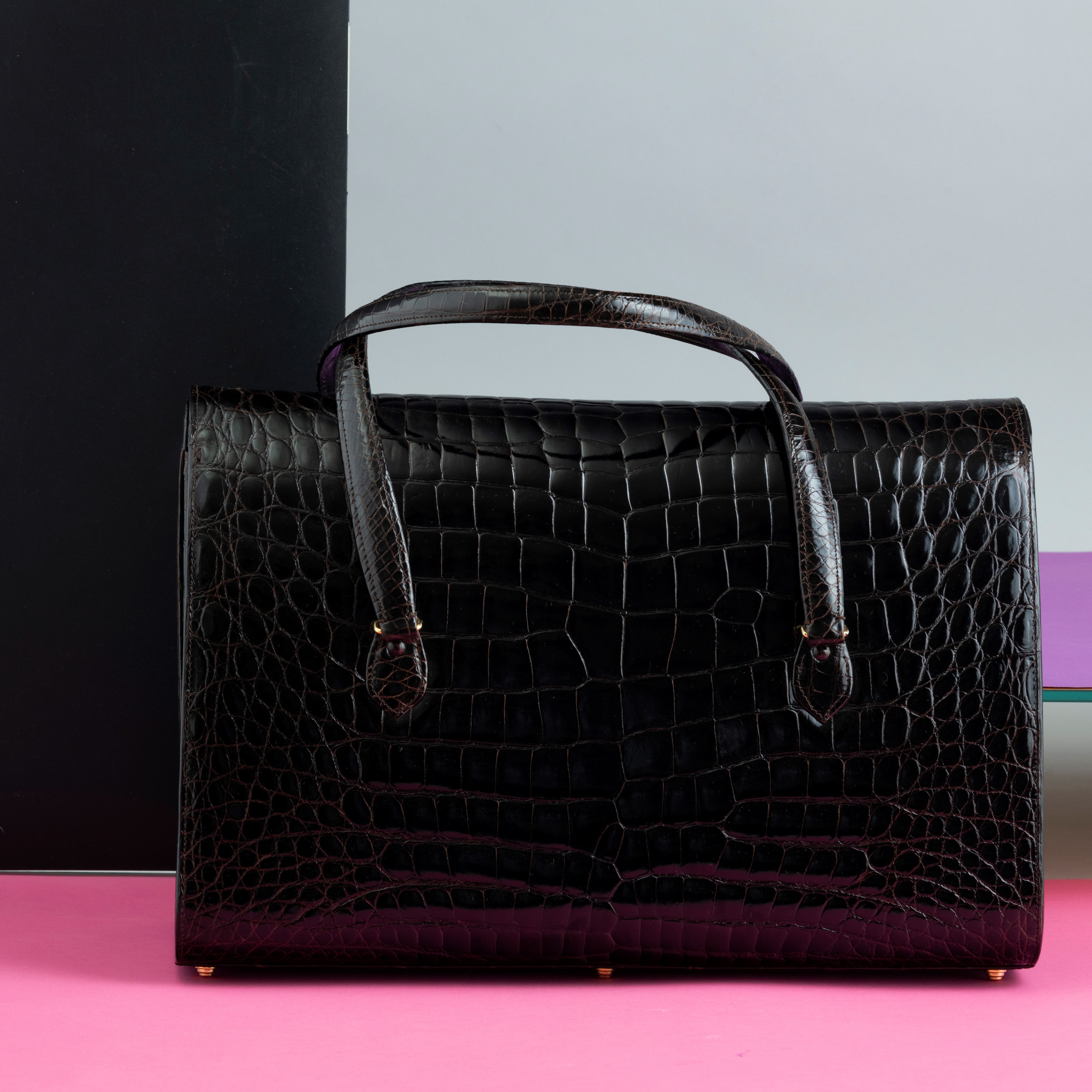 Rino's Borsa in Coccodrillo Marrone Scuro con Autorizzazione Cites, Manifattura Artigianale, Port...