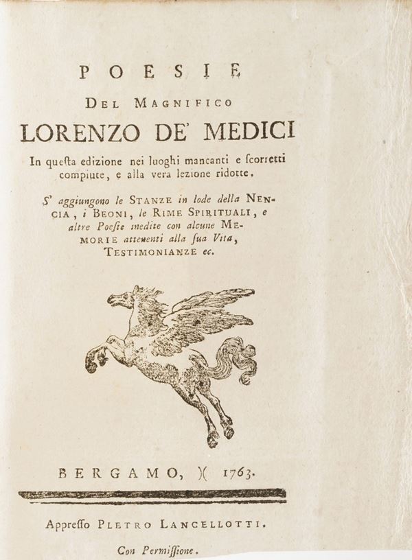 Lorenzo De Medici Poesie del Magnifico, Bergamo, Lancellotti, 1763