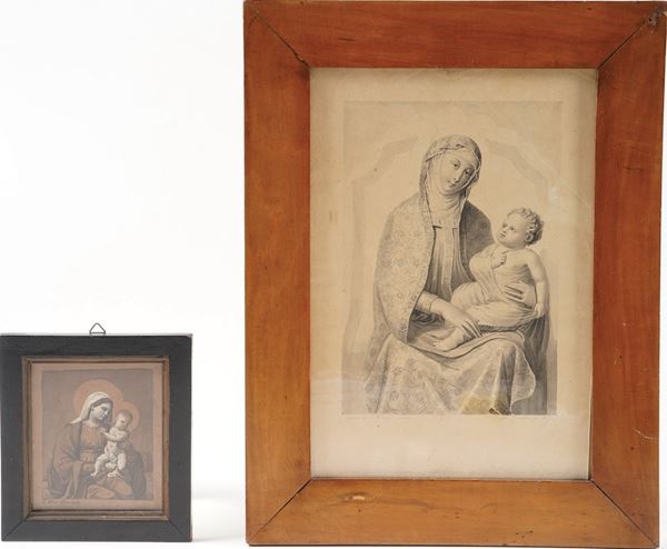 Religione-iconografie mariane Bella incisione raffigurante la madonna col bambino entro cornice antica. Si aggiunge nel lotto, sempre entro cornice antica una piccola tempera o acquerello raffigurante lo stesso soggetto