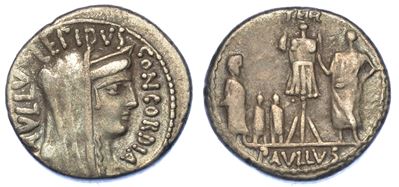 Aemilia. L. Aemilius Lepidus Paullus, 62 a.C. Denario.