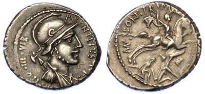 Fonteia. P. Fonteius P. F. Capito, 55 a.C. Denario.