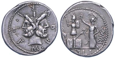 Furia. M. Furius Philus, 121 a.C. Denario.