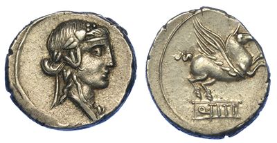 Titia. Q. Titius, 90 a.C. Denario.