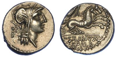 Iunia. D. Iunius Silanus L.f., 91 a.C. Denario.