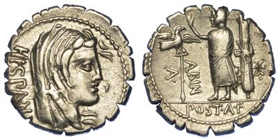 Postumia. A. Postumius A.f. Sp.n. Albinus, 81 a.C. Denario.
