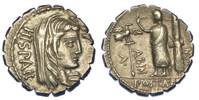 Postumia. A. Postumius A.f. Sp.n. Albinus, 81 a.C. Denario.