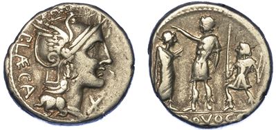Porcia. P. Porcius Laeca, 110-109 a.C. Denario.