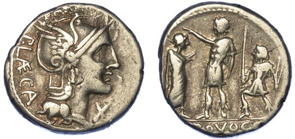 PORCIA. P. Porcius Laeca, 110-109 a.C. Denario.