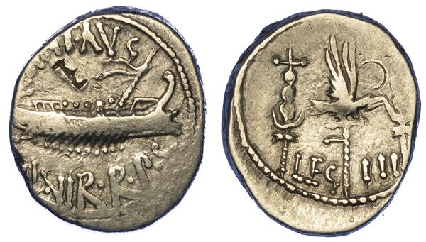 MARC’ANTONIO (+30 a.C.). Denario, anni 32-31 a.C. Zecca in movimento con Marc’Antonio.
