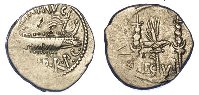 Marc’antonio (+30 a.C.). Denario, Anni 32-31 a.C. Zecca Itinerante con Marc’antonio.