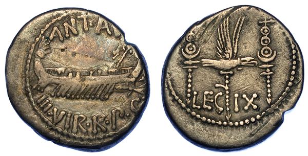 MARC’ANTONIO (+30 a.C.). Denario, anni 32-31 a.C. Zecca itinerante con Marc’Antonio.