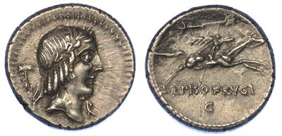 Calpurnia. L. Calpurnius Piso Frugi, 90 a.C. Denario.