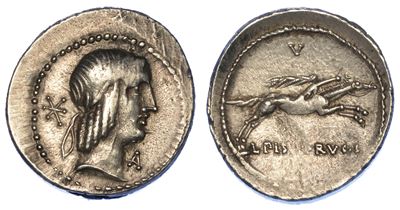 Calpurnia. L. Calpurnius Piso Frugi, 90 a.C. Denario.