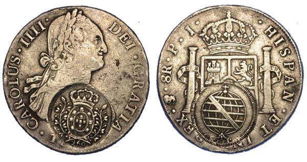 SUD AMERICA - BRASILE. JOAO, 1799-1816 (principe reggente). 8 Reales di Carlos IV con contromarca brasiliana da 960 reis. Potosì.