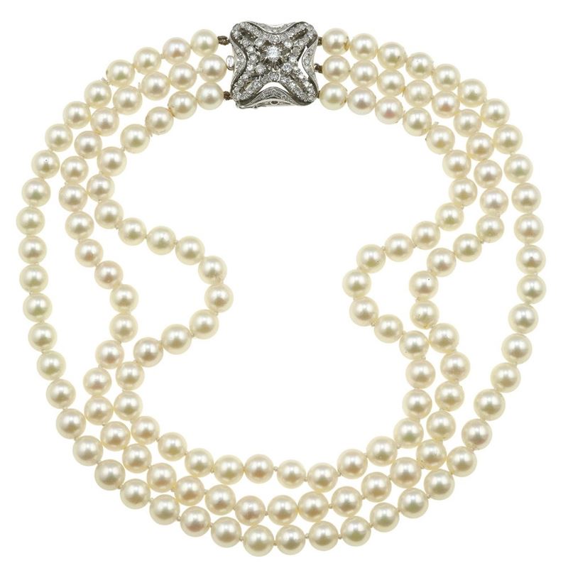 Cultured pearl and diamond necklace  - Auction Jewels - Cambi Casa d'Aste