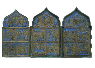 Europa dell'Est (Russia?), Icona da viaggio, bronzo fuso e smalto monocromo, XIX secolo