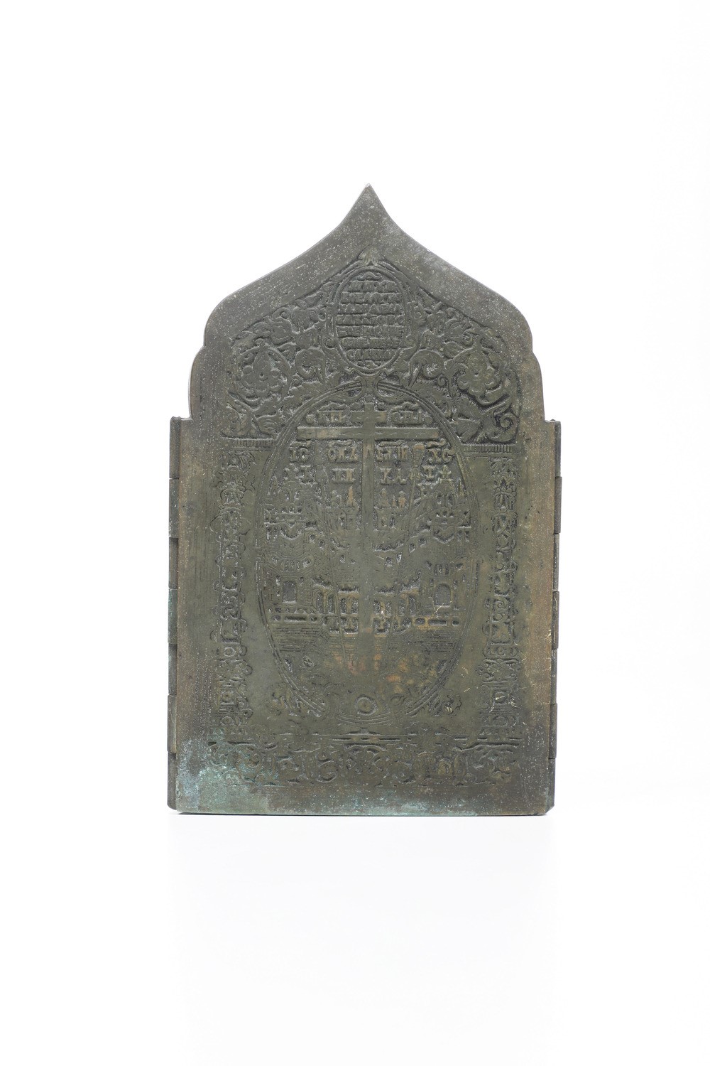 Europa dell'Est (Russia?), Icona da viaggio, bronzo fuso e smalto monocromo, XIX secolo