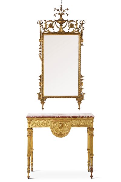 Consolle Neoclassica con Specchiera in Legno Intagliato e Dorato. XVIII-XIX Secolo