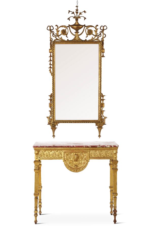 Consolle neoclassica con specchiera in legno intagliato e dorato. XVIII-XIX secolo