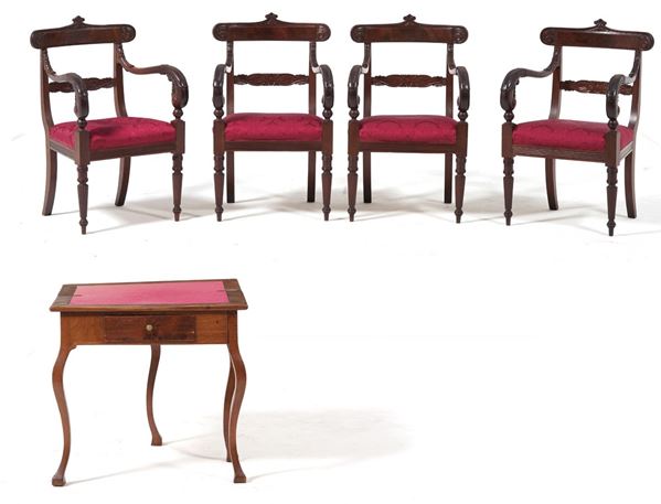 Tavolo da gioco e 4 sedie in stile Peter. Inghilterra XIX secolo