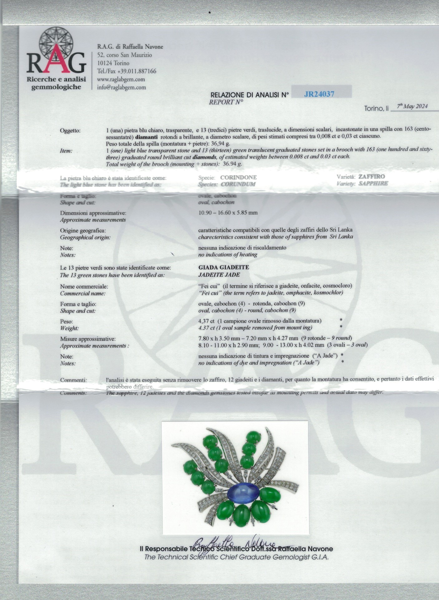Spilla in platino con zaffiro cabochon del Sri Lanka, giadeiti “Fei cui” e diamanti