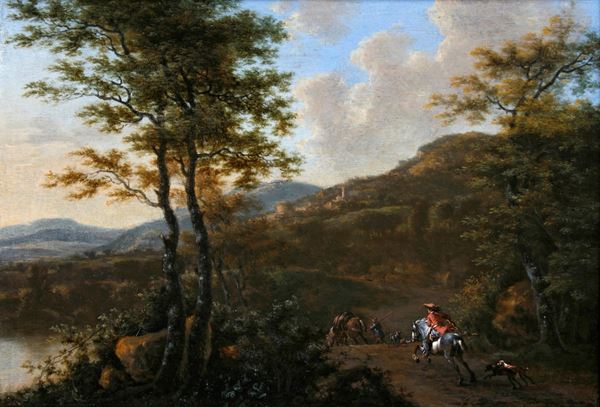 Jacob de Heusch (1656 Utrecht - 1701 Amsterdam) e Jan van Huchtenburgh (1647 Haarlem - 1733 Amsterdam) Paesaggio con cavalieri e contadini