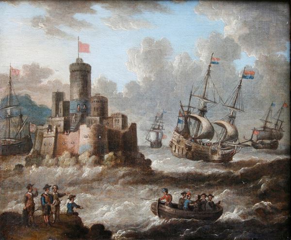 Peter van de Velde - Marina con velieri e isola fortificata