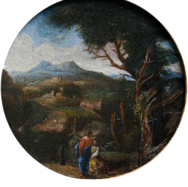 Scuola del XVIII secolo Paesaggio collinare con due figure